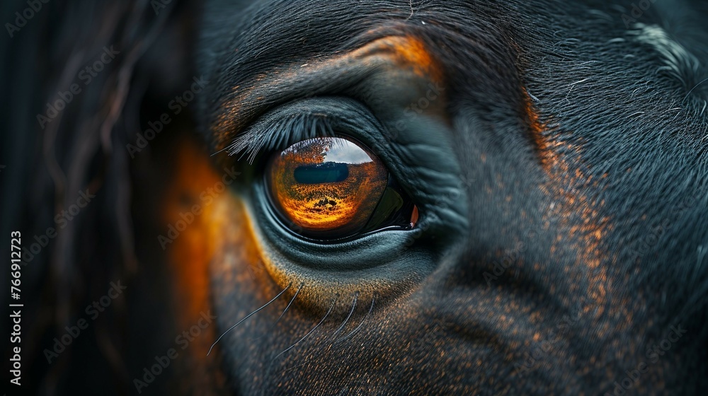 A closeup of a horse, capturing the beauty and expressiveness in the eyes and mane. AI generate illustration