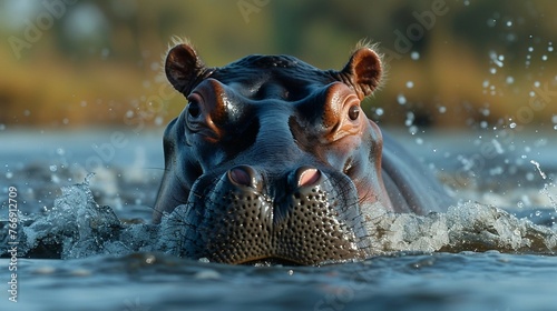 A hippopotamus submerging into a river with only its nostrils and eyes visible. AI generate illustration © PandaStockArt