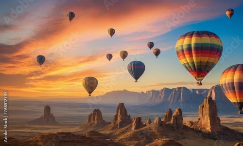 Hot air balloons ascend into a breathtaking sunset, with vibrant colors painting the sky above the silhouetted cliffs and sweeping vistas. AI generation