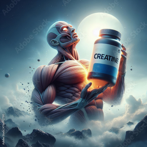 Very muscular body along with a big bottle of creatine. Dynamic and very advertising illustration.