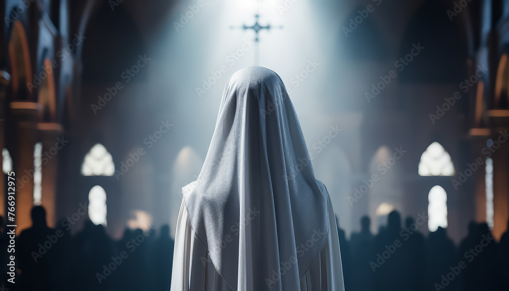 A nun stands in a church with a cross in the background