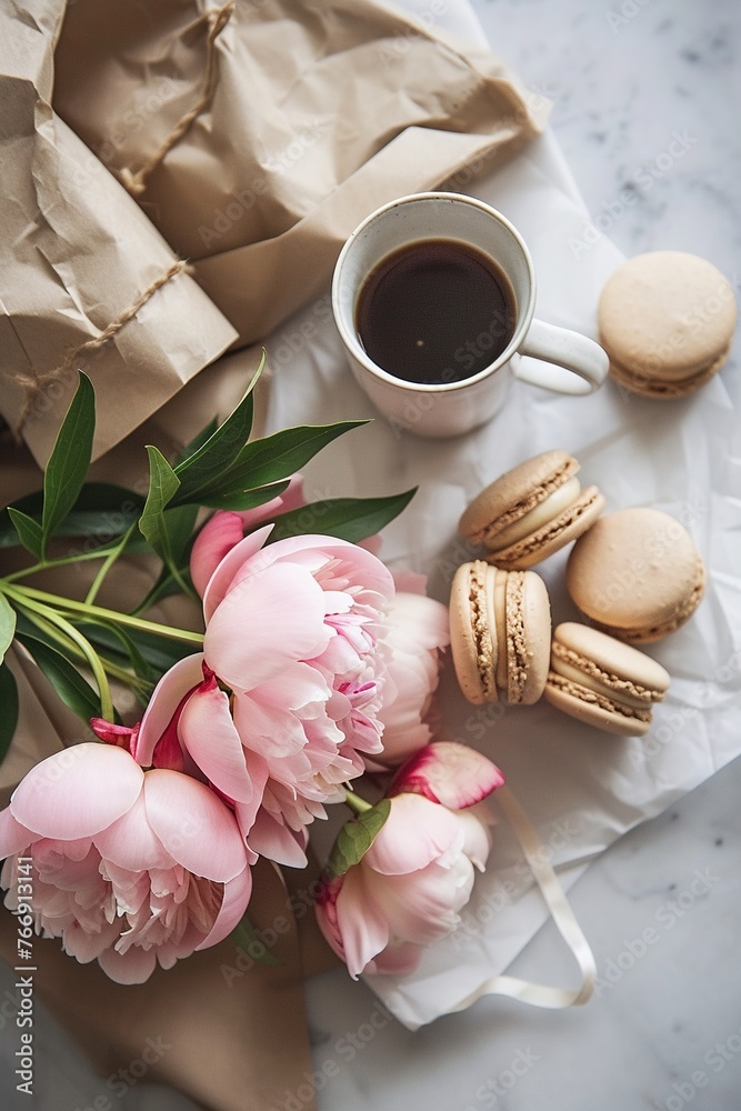 Coffee cup with macarons and pink peonies on a light background. Generated AI.