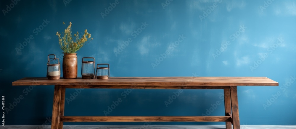 A wooden table made of hardwood with a vase of flowers and candles on it, in front of an aquapainted wall. The art piece against the azure sky and clouds A wooden table made of hardwood with a vase of flowers and candles on it, in front of an aquapainted wall. The art piece against the azure sky and clouds