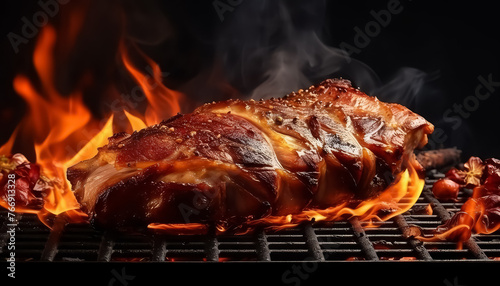 A piece of meat is being cooked on a grill, with smoke and flames surrounding it