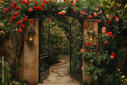 A charming cottage-style gate enveloped by climbing roses and quaint lanterns. photo