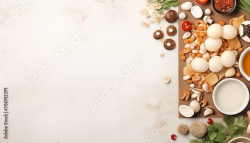 A white background with a variety of food items including eggs, mushrooms
