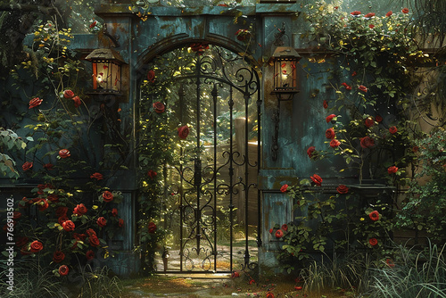 A charming cottage-style gate enveloped by climbing roses and quaint lanterns. photo