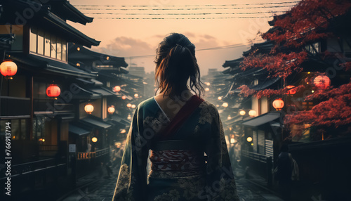 A woman in a red kimono is walking down a street with lanterns hanging above her photo
