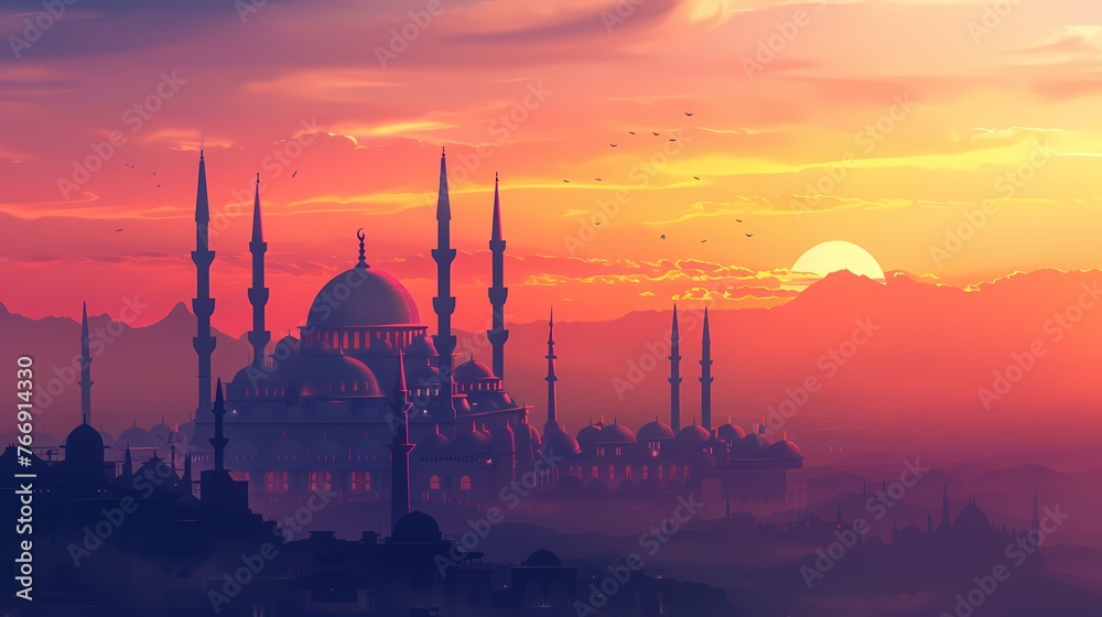 A radiant sunrise over a mosque, capturing the serenity and hope that comes with the dawn of a new day during Ramadan.