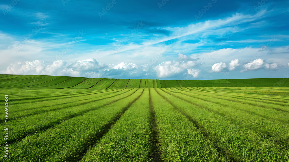 Beautiful natural scenic panorama green field of cut grass into and blue sky with clouds on horizon. Generative AI