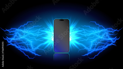 Lightning strikes a smartphone. Glowing blue lightning bolt with thunder, thunderstorm, and thunderbolt. Cellphone illuminates with electric flashes and lightning sparks and energy discharge. Vector.