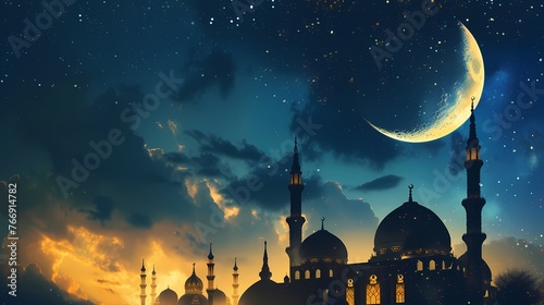 A picturesque Ramadan Kareem setting with a crescent moon, mosque, and calligraphy, evoking a sense of spirituality and celebration.