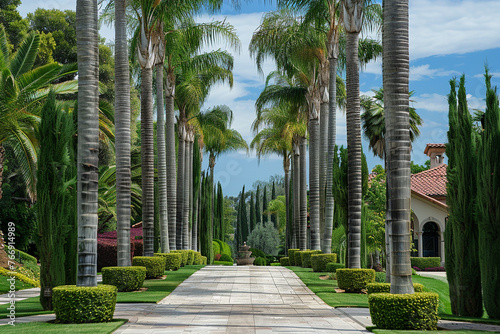 A grand entrance featuring a sweeping driveway lined with towering palm trees.