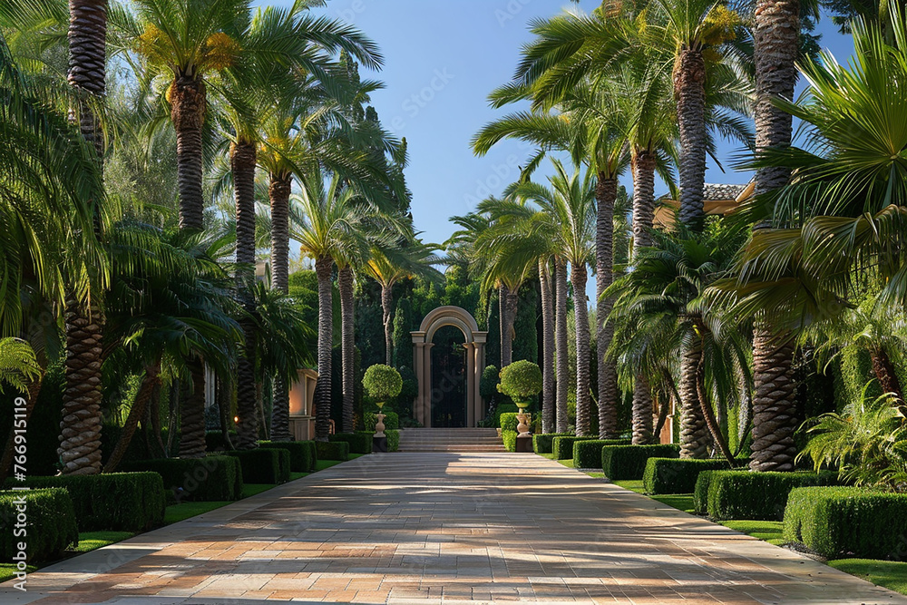 A grand entrance featuring a sweeping driveway lined with towering palm trees.