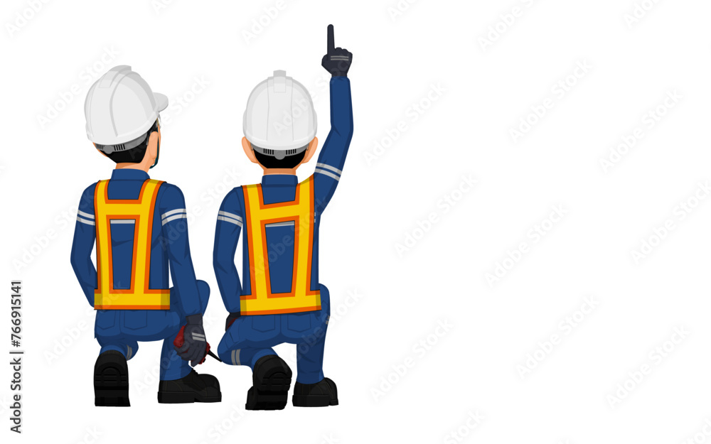 Two workers are considering something on the ceiling Two workers are considering something on the ceiling