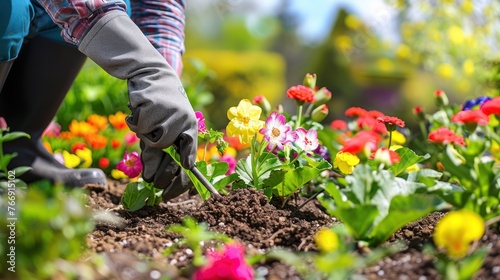 image Planting Flowers in a garden flower bed AI generated image.