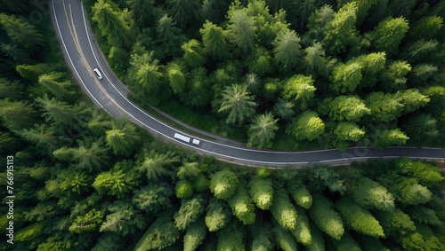 Aerial snapshot capturing the graceful twists of a roadway nestled in a verdant forest after a rainfall Generative AI © Haroon