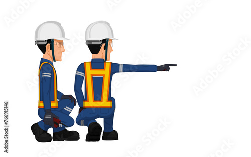 Two workers are considering something beside themselves