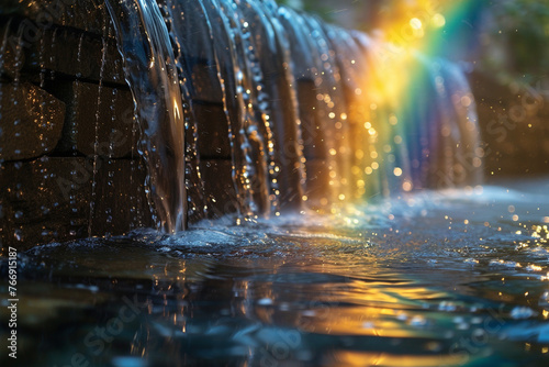 A waterfall cascading into a pool of water with rainbow reflections.