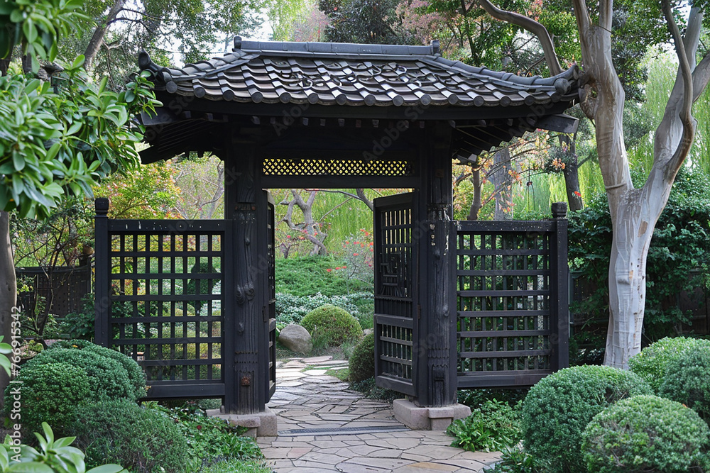 A Japanese-inspired gate featuring intricate lattice work and serene Zen garden.