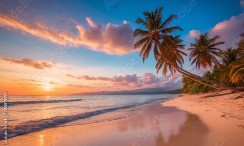 A serene sunset casts a warm glow over a tropical beach, with palm trees swaying gently in the breeze. The sky, painted in hues of orange and pink, reflects off the tranquil sea as waves softly lap