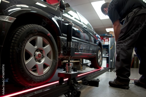 A man focused on aligning the wheels of a car using specialized tools in a garage setting