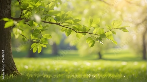 Soft emphasis on young  juicy  fresh leaves on a tree s branches and grass in the sun. Early springtime scene in the natural world  with verdant grass in the backdrop and copy space.