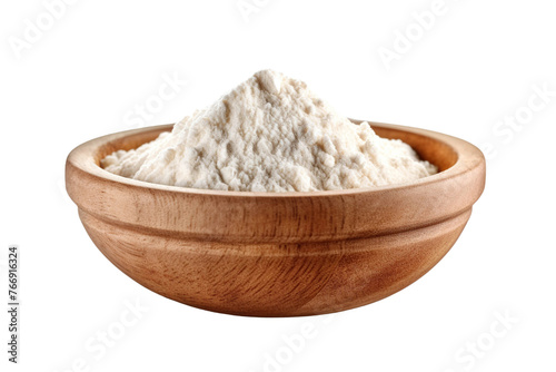 Wooden bowl filled with flour, isolated on empty background.