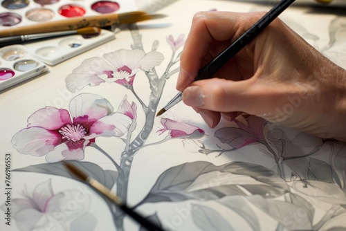 A person is meticulously painting intricate flower designs on a sheet of paper