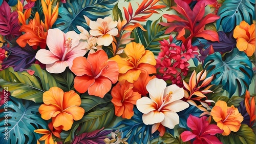 Tropical trees and flowers against a vibrantly colored floral background