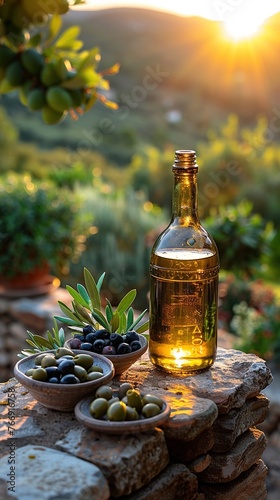 Olive oil bottle and olives with sunset in a rural setting, Generated AI.