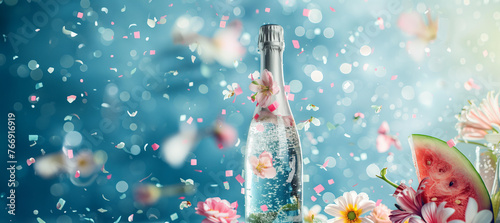 silver champagne bottle with blured confetti , summer flowers and watermelon slice floating around, pastel blue background, summertime festive celebretion background	 photo