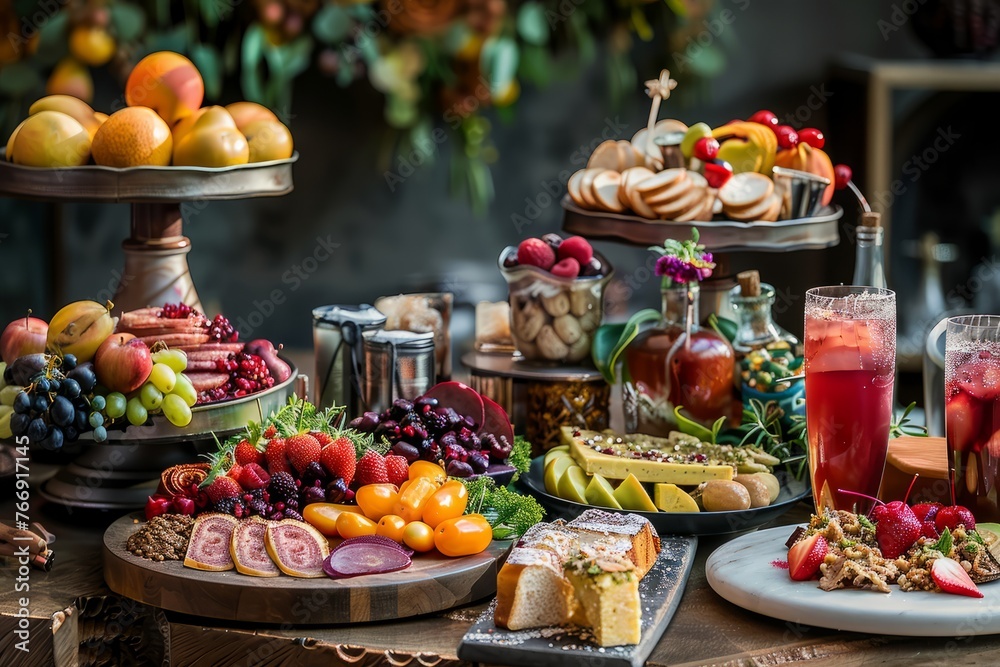 A table showcasing an assortment of different types of food from charcuterie to desserts