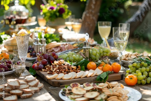 A wooden table is set with plates of food, presenting a spread of delicious dishes ready to be enjoyed