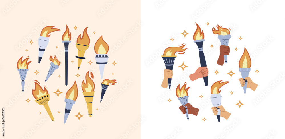 Round design torches with burning flame in hands. Symbol of sport, games, victory and champion competition with different people race arm circle design. Vector flat illustration