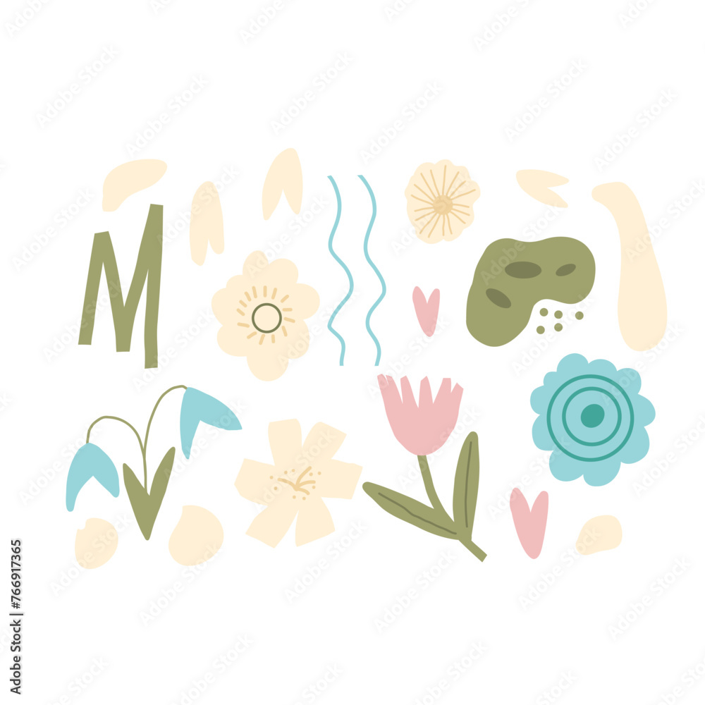 Fototapeta premium Flowers and geometric abstract elements set. Botanical various nature spring shape. Modern abstract floral and leaves shapes. Vector illustration for summer doodle design.