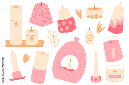 Pink candles different shapes set. Wax, soy, paraffin candles. Aroma spa accessories for relax collection. Home decor items. Vector flat illustration