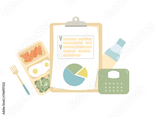 Diet plan program. Nutrient calories counting and ratio of protein, carbohydrates and fat. Healthy lifestyle tracking planer. Weight loss control. Vector flat illustration isolated on white background