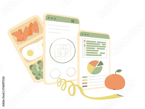 Diet plan program concept. Calories counting and ratio of protein, carbohydrates and fat. Weight loss control. Wellbieng and healthy lifestyle tracking concept. Vector flat illustration