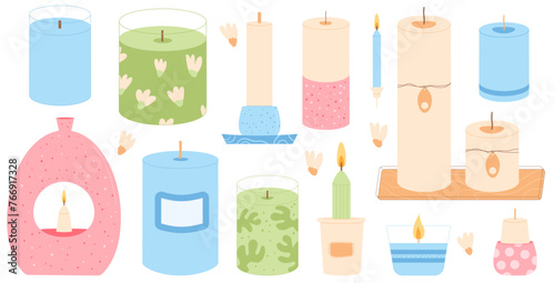 Wax aromatherapy candles different shapes set. Soy, paraffin candle. Spa accessories for relax collection isolated on white background. Interior cosy home decor items. Vector flat illustration