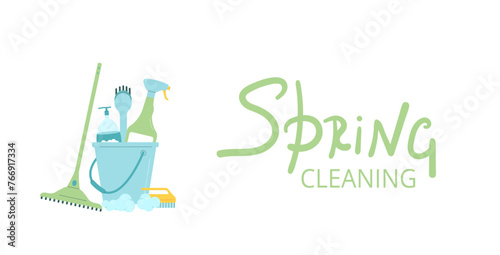 Spring cleaning banner template. Equipment elements for wash home with lettering background. Housework concept. Bucket, gloves and mop spray various tools. Vector flat illustration