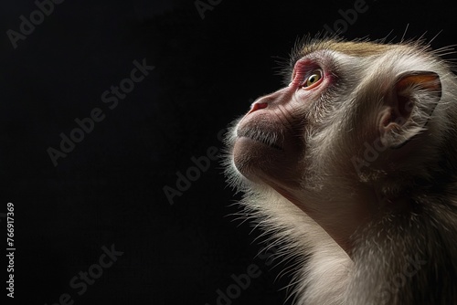 Macaque monkey looking upward in contemplative light. Generated AI. 