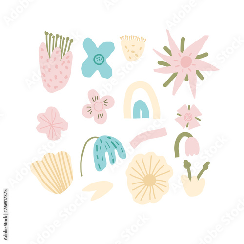 Hand drawn flowers set. Botanical various nature spring elements. Modern abstract floral, geometric and leaves shapes. Vector illustration for summer doodle design.