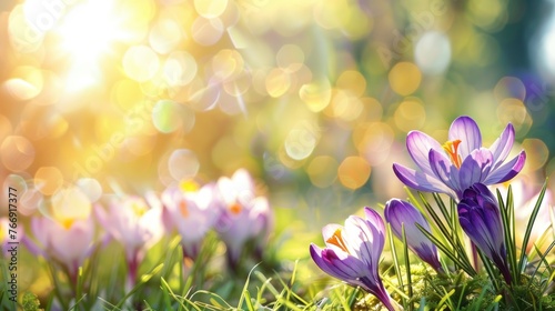 Purple Blooming Crocus Flowers on Bright Spring Background  AI generated image.