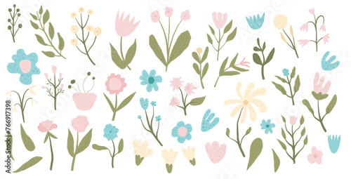 Hand drawn abstract flowers set. Botanical various nature spring elements. Modern abstract floral, geometric and leaves shapes. Vector illustration for summer doodle design.