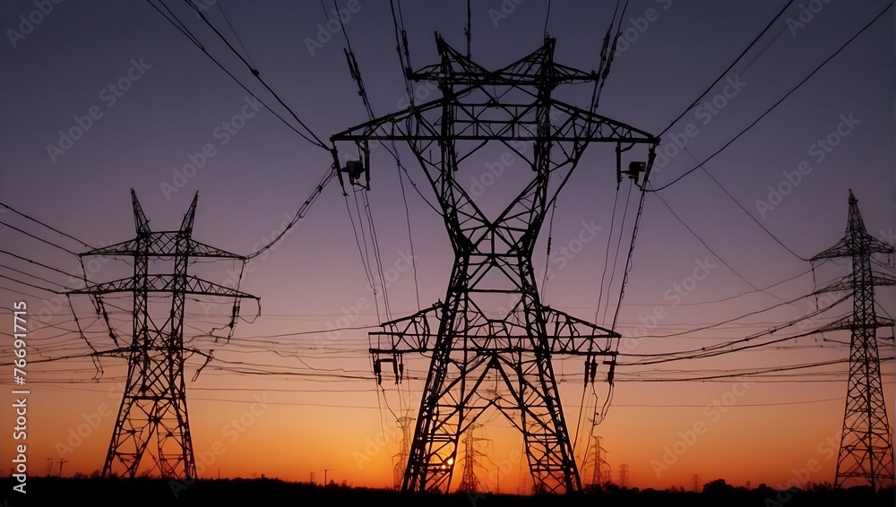 Fototapeta premium Dusk backdrop illuminates the silhouette of a majestic electric transmission tower Generative AI
