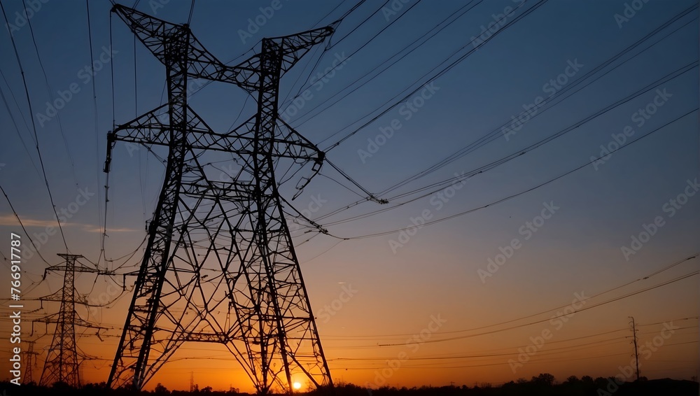 Fototapeta premium Dusk backdrop illuminates the silhouette of a majestic electric transmission tower Generative AI