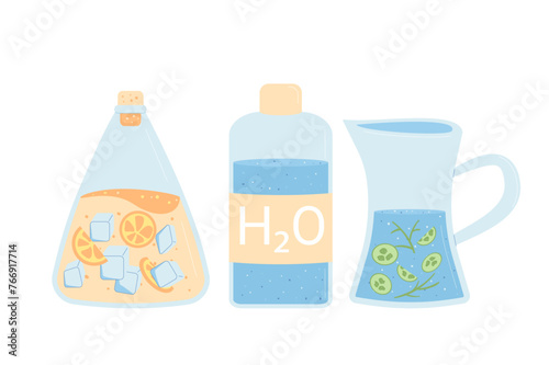 Water and soft drink set isolated on white background. Juice in bottles and jug. Fresh sour and sweet beverage with orange, ice and cucumber. Vector flat illustration