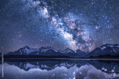 The night sky above a mountain range is filled with countless stars, creating a spectacular celestial display
