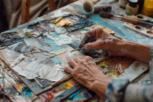 An artist is painting on a canvas placed on a table, focusing on creating their artwork